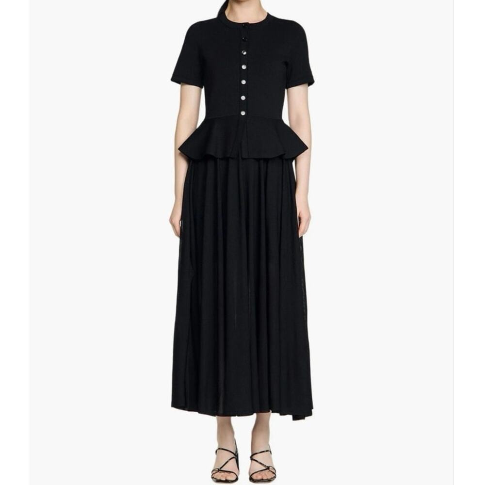 Sandro black Knit maxi dress with peplum top and pleated skirt Size 38 (US 4-6)